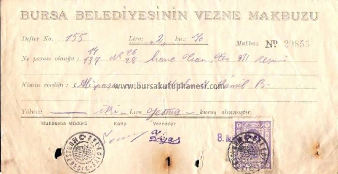 Bursa belediyesine ait vezne makbuzu