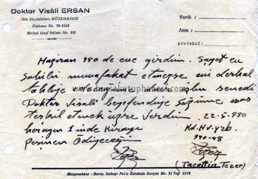 Doktor, visali Ersan, Bursa yazısı.