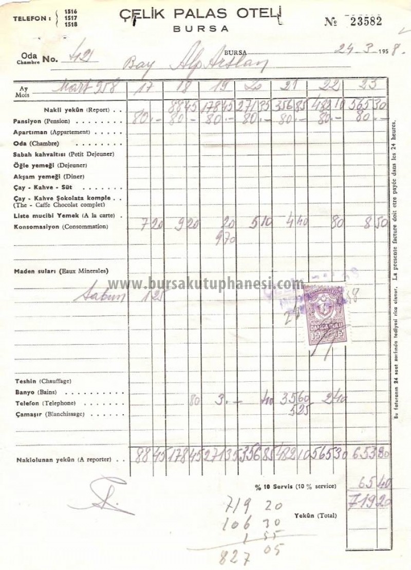 Bursa. Çelikpalas Oteli fatura